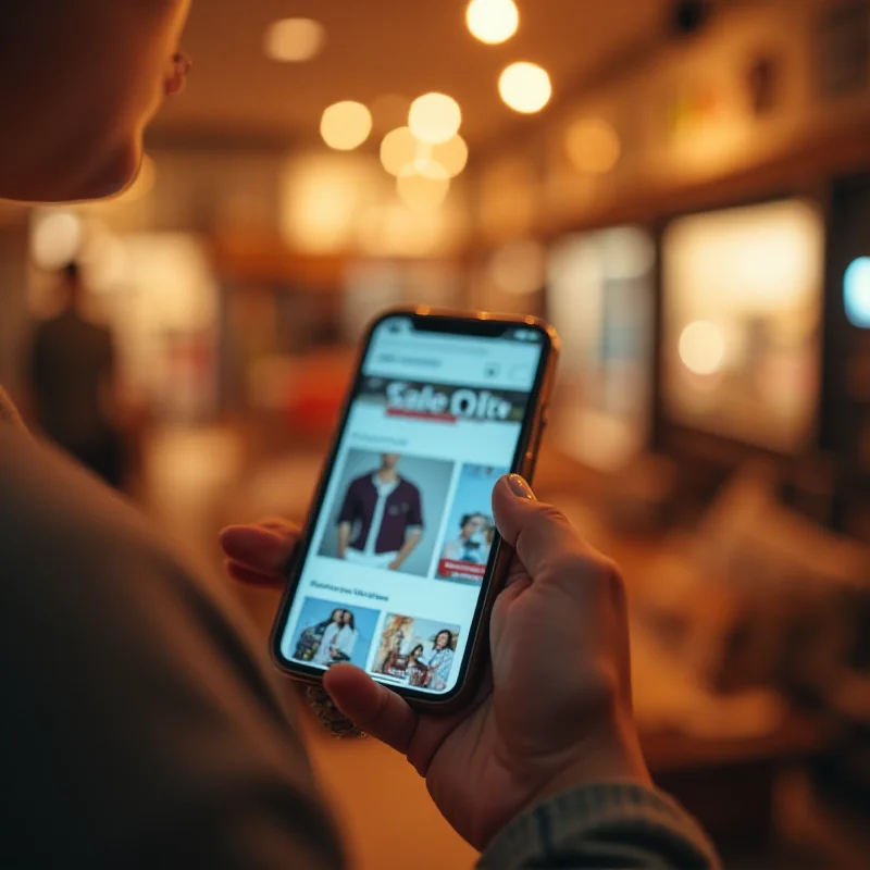 A person holding a smartphone, shopping online, with a blurred background of a cozy home interior.