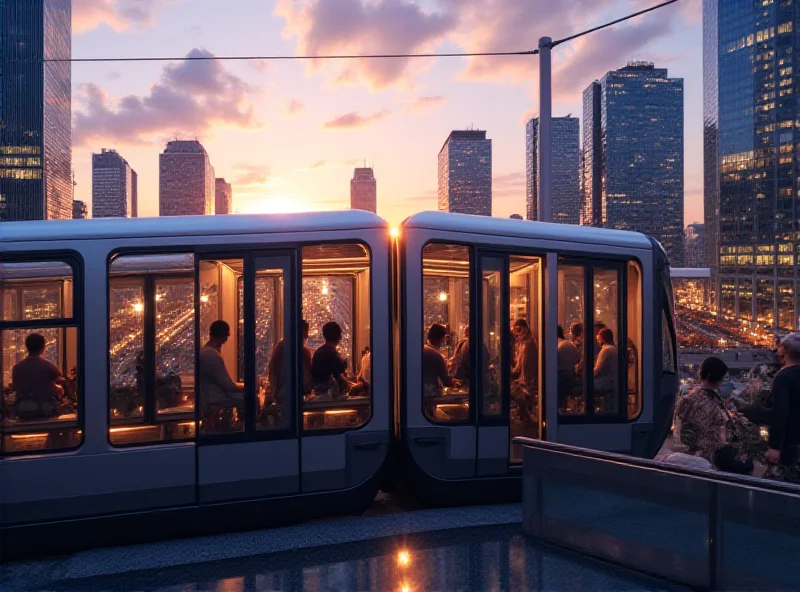 A modern light rail train moving through a bustling city center with skyscrapers in the background.