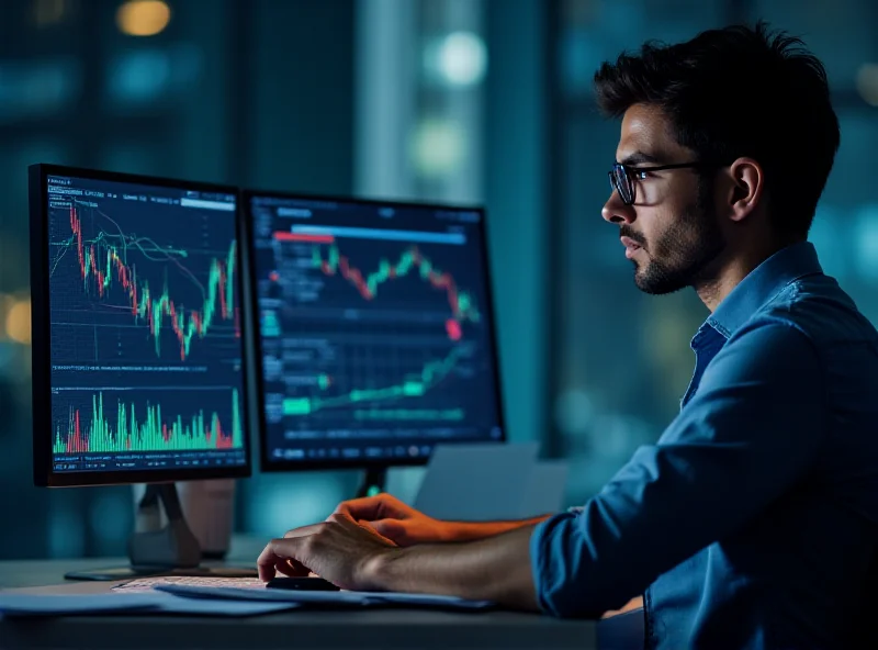 A person sitting at a desk, looking at stock charts on a computer screen, with a determined expression.