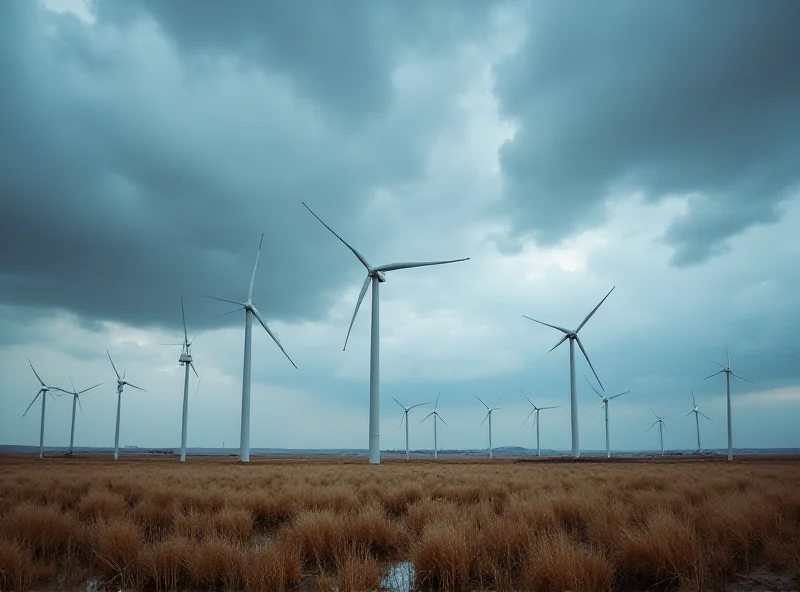 Wind turbines on a Colorado plain under a cloudy sky, representing renewable energy projects affected by the funding freeze.