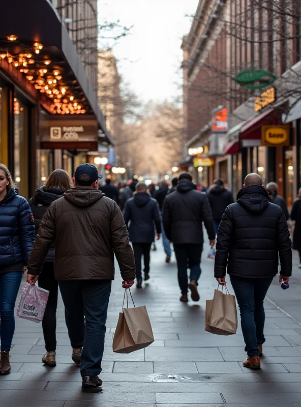 A bustling shopping street in Denver, with people carrying shopping bags, reflecting consumer spending trends.