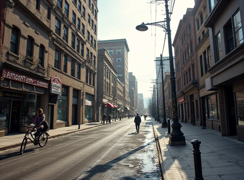 A street scene in downtown Denver, showing a mix of businesses and pedestrian traffic, with some signs of urban decay.