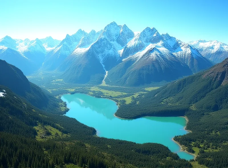 A breathtaking aerial view of the Patagonian landscape, showcasing snow-capped mountains, pristine lakes, and lush green valleys, with a clear blue sky above.