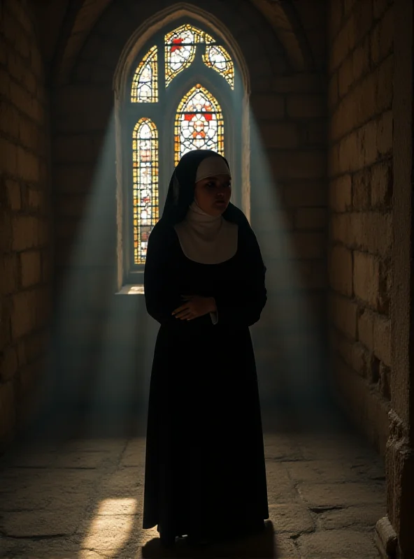 A woman in a nun's habit standing in a dimly lit monastery, looking conflicted.