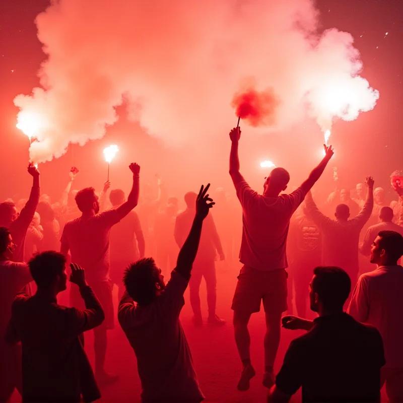 Fans celebrating a goal during a derby match with flares and flags.