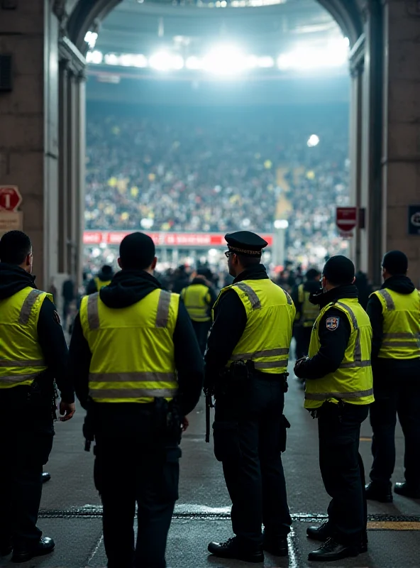 Police officers standing guard at a football stadium entrance.