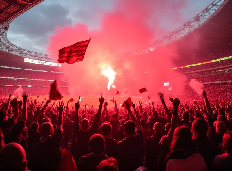 A packed football stadium during a derby match with fans cheering and waving flags.