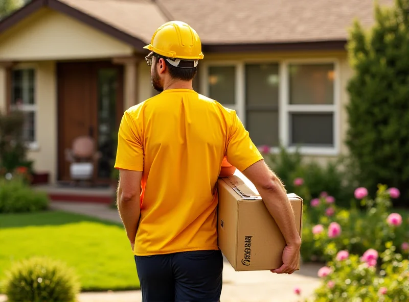 Delivery worker in Deutsche Post uniform carrying a package.