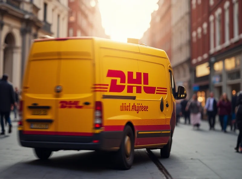 A DHL delivery van parked on a city street with packages visible in the back.