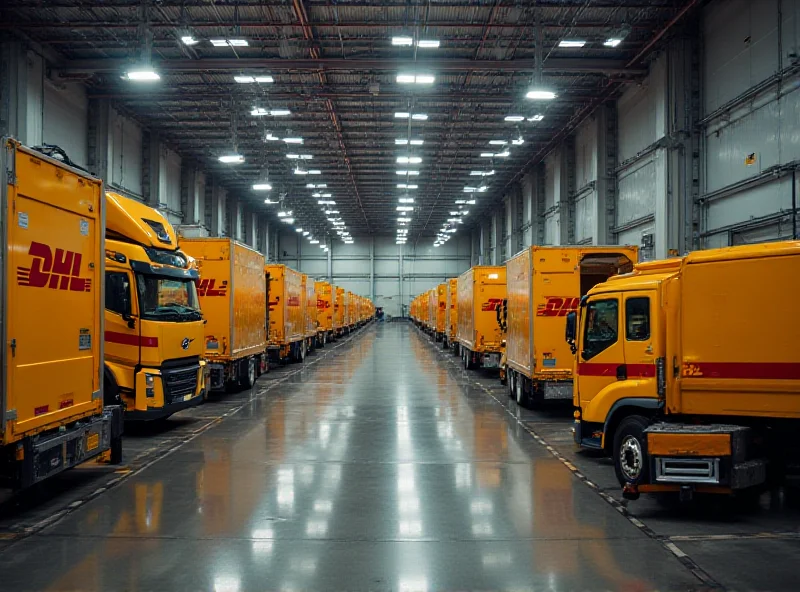 A wide shot of a large DHL distribution warehouse with many trucks loading and unloading packages.