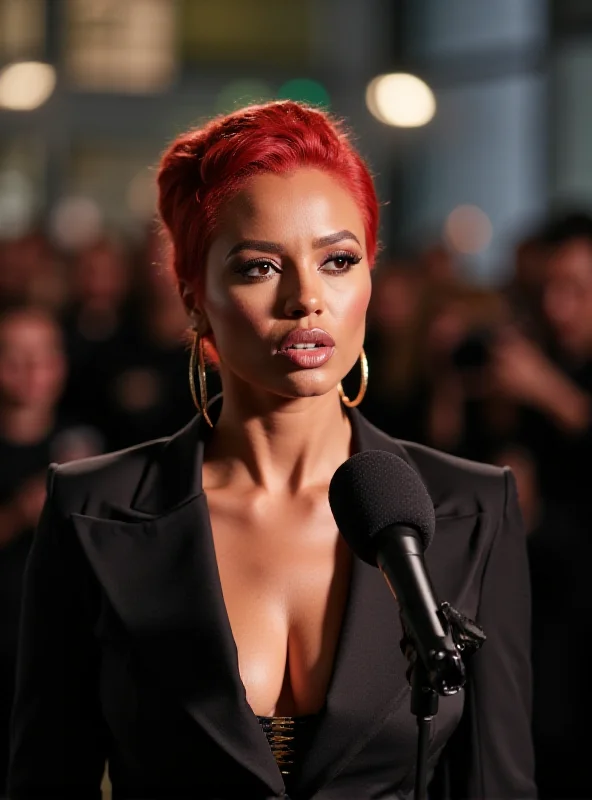 Amber Rose speaking into a microphone at an event, looking serious and thoughtful.