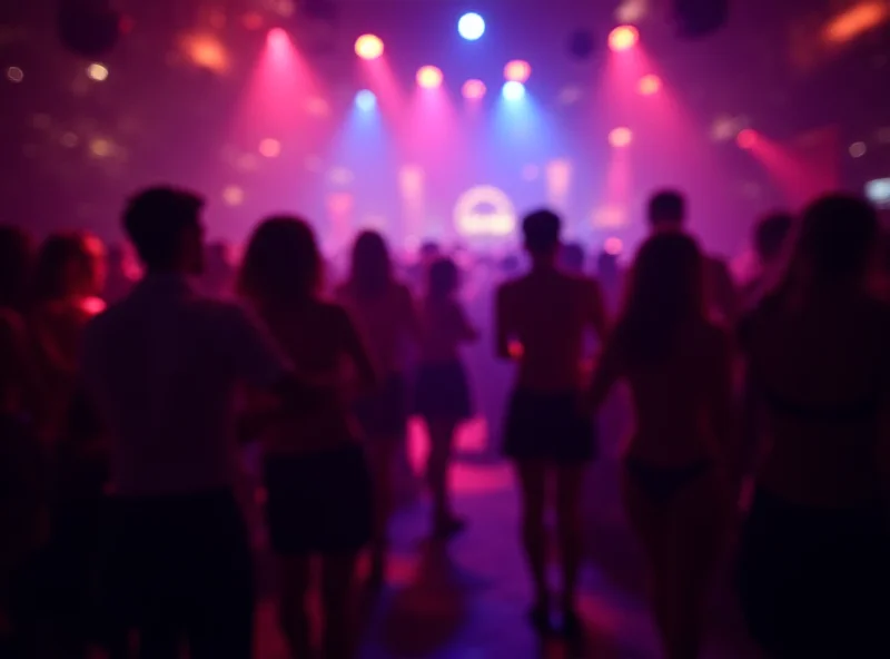 A dimly lit nightclub scene with blurred figures dancing, symbolizing the atmosphere of Diddy's parties.