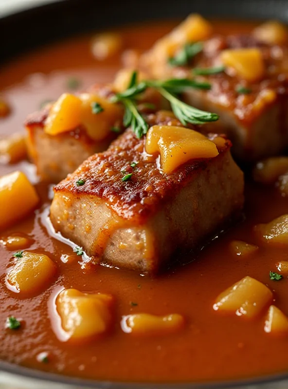 Close up of tender Iberian pork cheeks with onion and apple sauce.