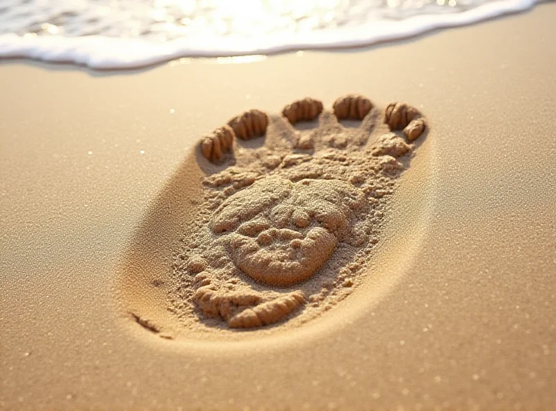 Close-up of a large dinosaur footprint on a sandy beach.