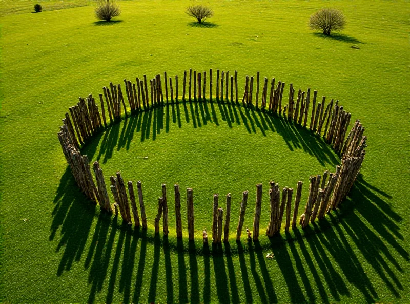 Aerial view of a circular arrangement of wooden posts in a field, resembling Stonehenge.