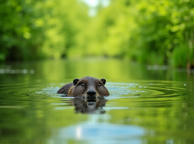 A beaver swimming in a calm river, surrounded by lush green vegetation.