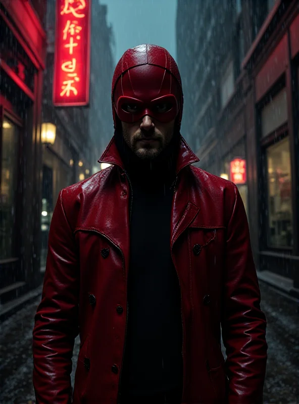 Daredevil looking intense in a dark alleyway at night.