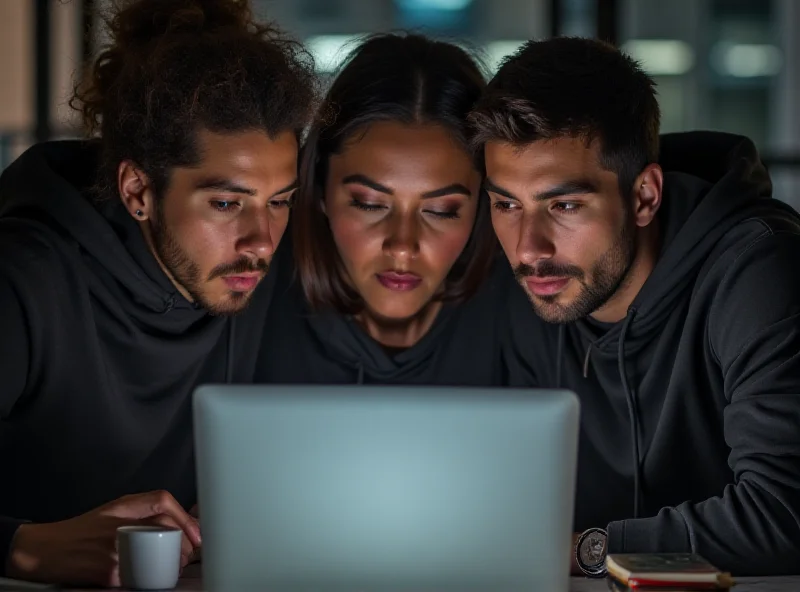 A group of people huddled around a laptop, deeply engaged in reading and discussing online comments, with a bright screen illuminating their faces and a sense of collaborative learning in the air.