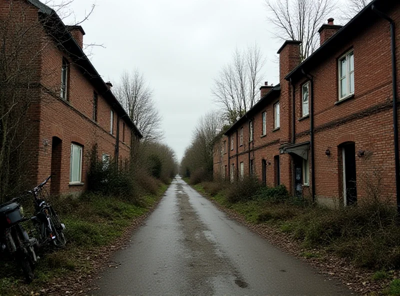 A deserted street in Doel, Belgium, with overgrown vegetation and abandoned houses, under a cloudy sky.