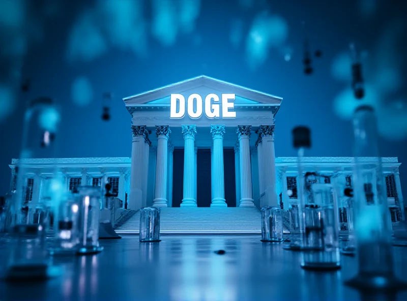 Conceptual image of a government building with the letters DOGE prominently displayed against a backdrop of scientific research equipment, including test tubes and microscopes.