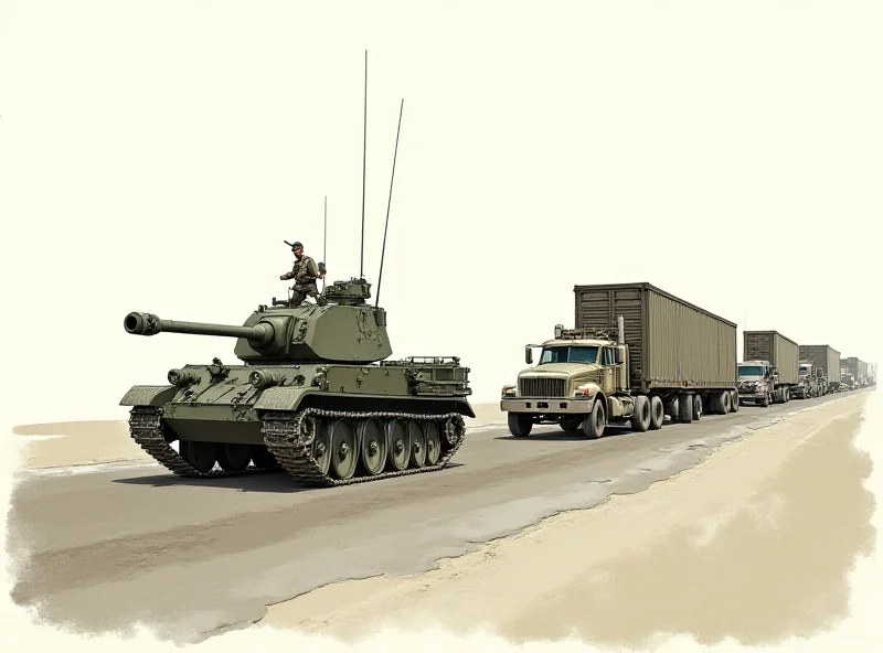 An illustration depicting a military tank (the 'tooth') being followed by a very long line of support vehicles (the 'tail'), emphasizing the disproportionate support infrastructure.