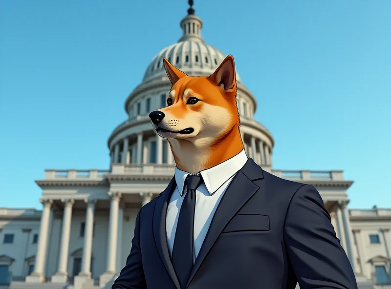 A golden Shiba Inu dog with determined expression, wearing a suit and tie, standing in front of the US Capitol building.