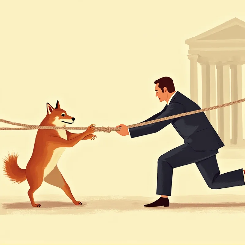 A stylized representation of a tug-of-war between a Shiba Inu dog representing DOGE and a building representing the administrative state.