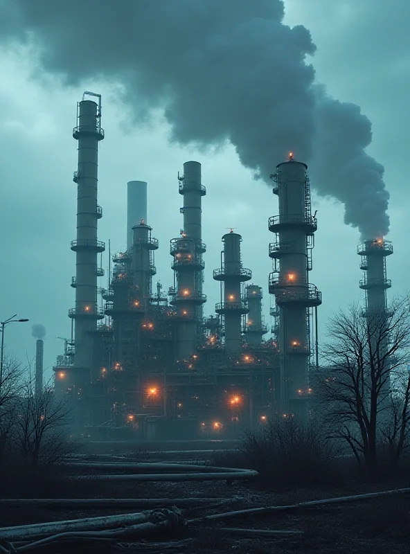 Illustration of a chemical plant with storm clouds gathering overhead, symbolizing potential environmental disaster.
