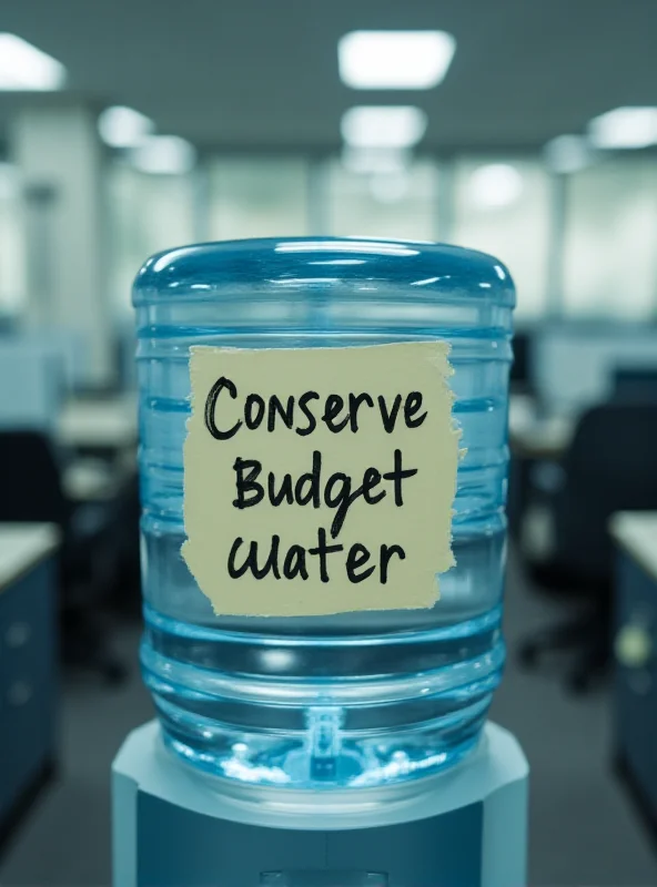 Image of an empty water cooler with a sign saying 'Conserve Water'