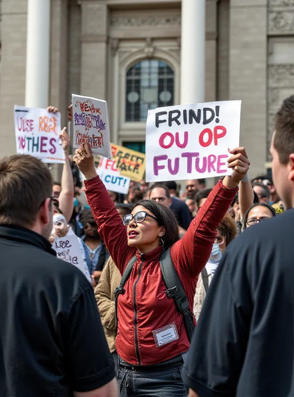 An illustration of a protest with signs criticizing government spending and layoffs.