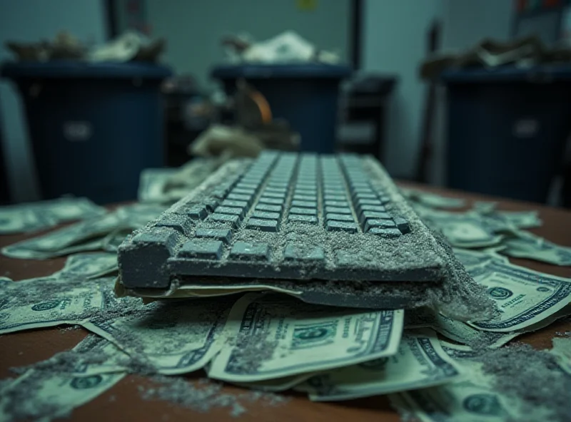 An illustration of a pile of money with a computer keyboard on top, symbolizing wasted spending on software.