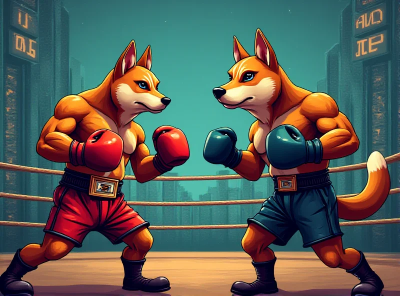 Illustration of Dogecoin facing off against another cryptocurrency in a boxing ring.