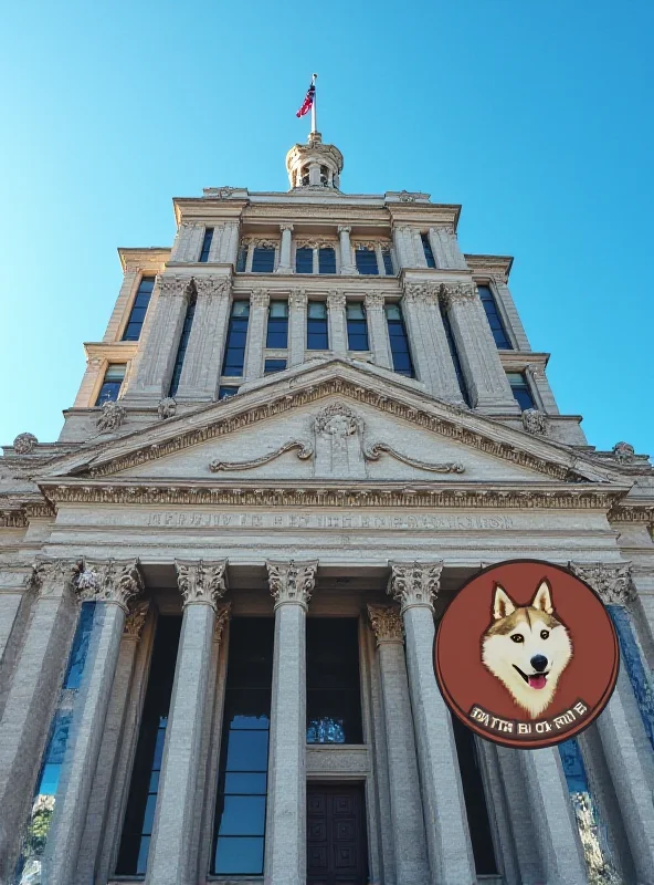 Illustration of a government building with Dogecoin logo superimposed.