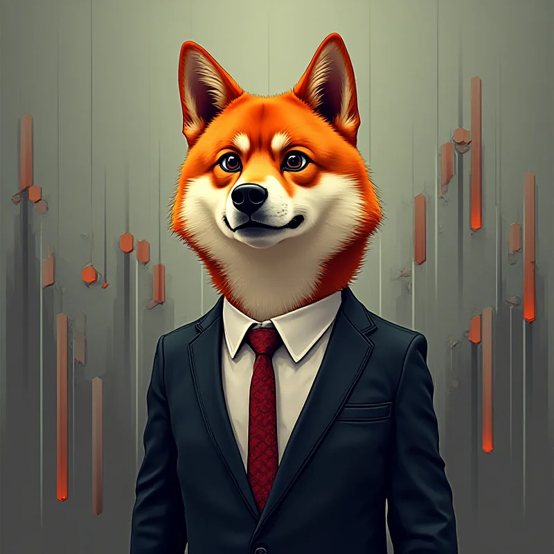 Digital art depicting Dogecoin in a business suit, looking concerned with bar graphs falling behind him.