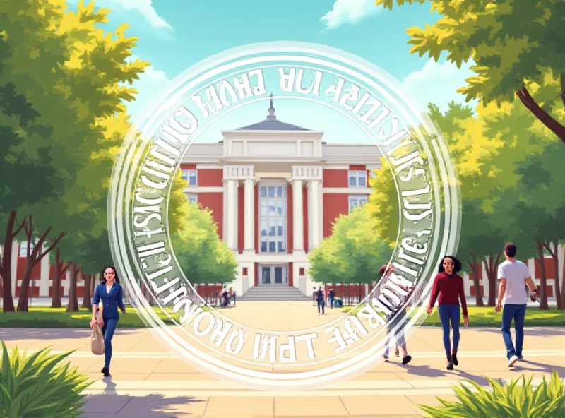 Illustration of a university campus with diverse students and a DOJ seal superimposed.