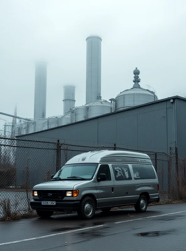 An ICE vehicle parked outside a factory building with a chain-link fence in the foreground.