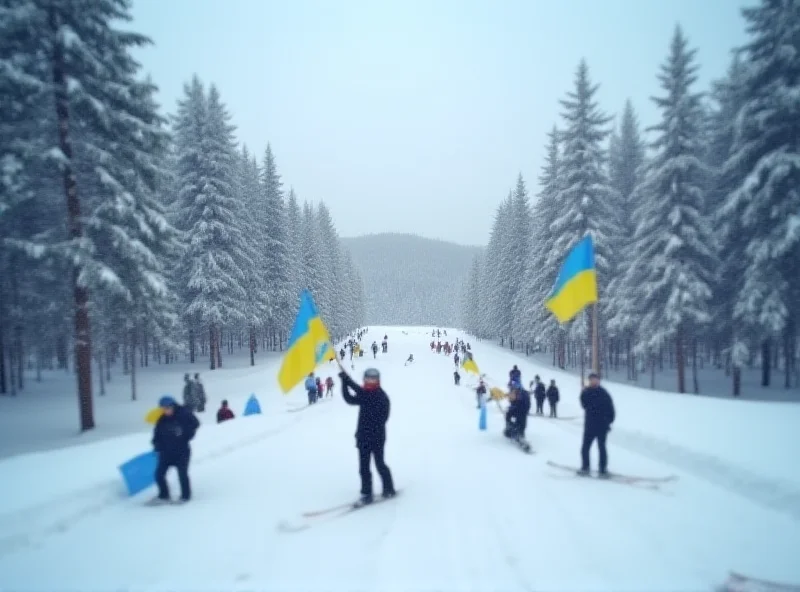 A snow-covered ski resort in Vermont, with blurred figures of protesters holding Ukrainian flags in the distance.