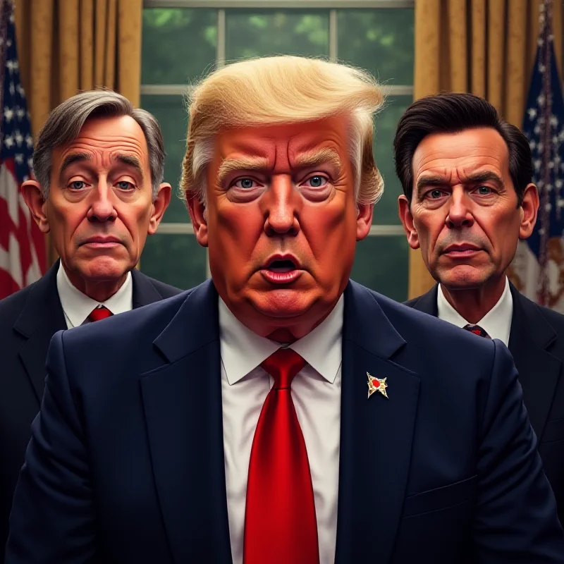 Digital art depicting Trump, Vance, and Zelensky in the Oval Office, with expressions of surprise on Trump and Vance's faces.