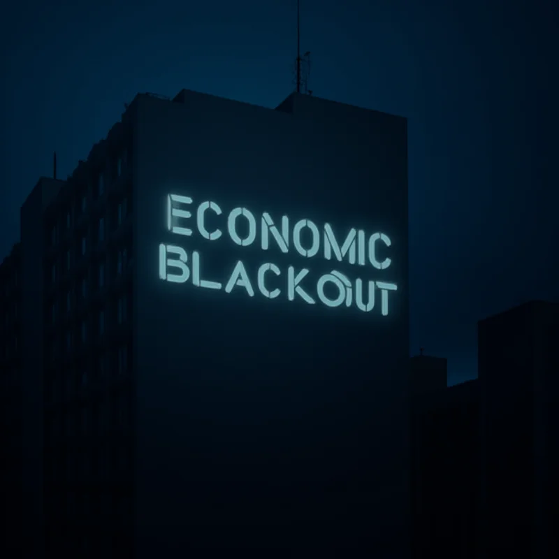 Conceptual image showing a dark cityscape with the words 'Economic Blackout' projected onto a building.