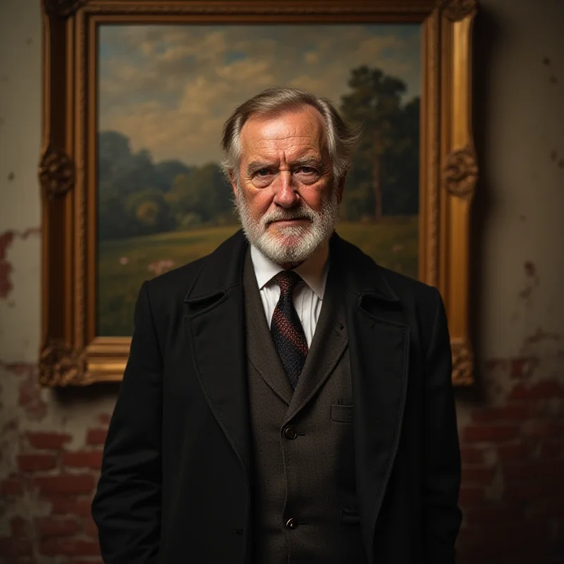 A photo of Jack Vettriano in his later years, standing in front of one of his paintings, with a thoughtful expression on his face.