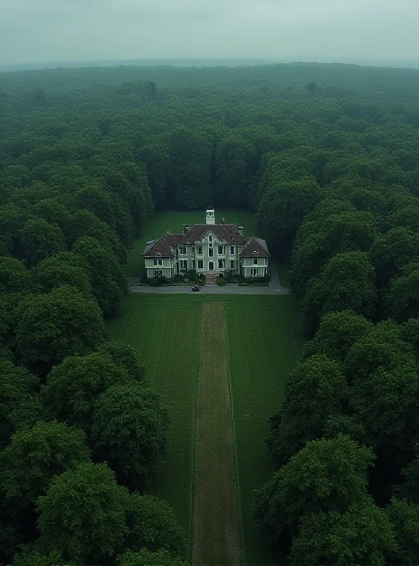 An aerial view of a large, sprawling property with dense woods surrounding a house.