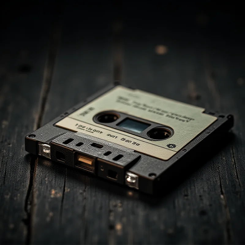 A vintage cassette tape laying on a wooden table with a dark and mysterious ambiance.