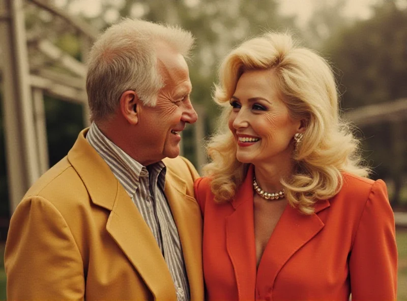 Dolly Parton and Carl Dean in their younger years, smiling and looking at each other.