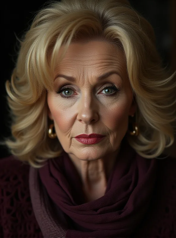 A close-up of Dolly Parton, looking somber and reflective, with soft lighting.