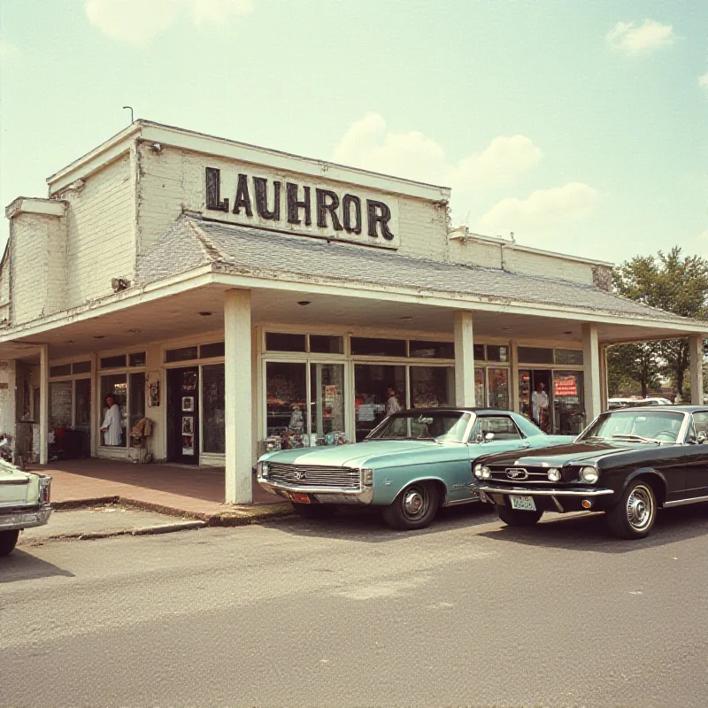 A vintage photograph of a laundromat in Nashville, Tennessee, with people doing laundry and cars parked outside.