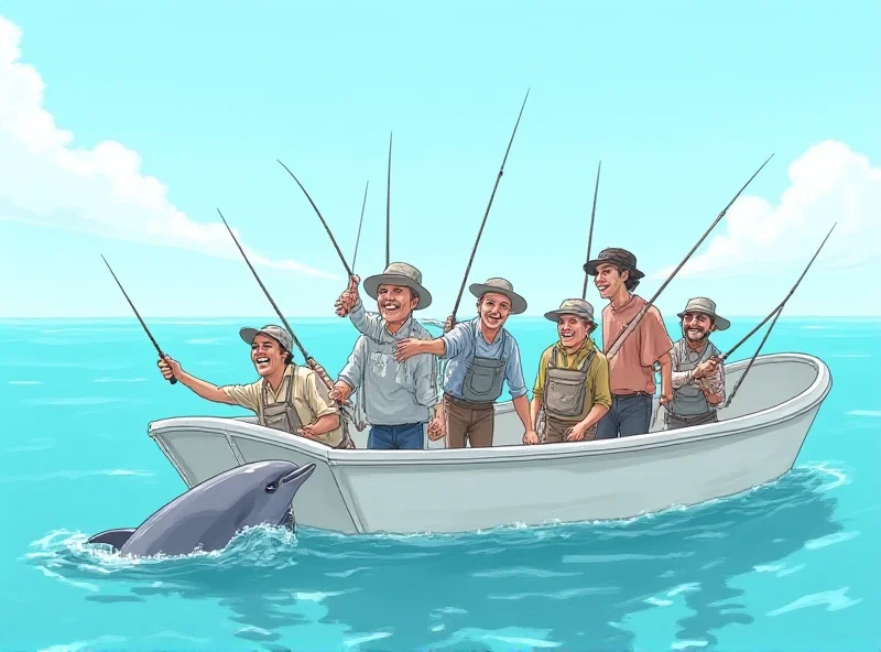 Illustration of a surprised group of fishermen on a small boat with a dolphin that has just landed in the boat with them. The ocean is calm, and the sky is blue.