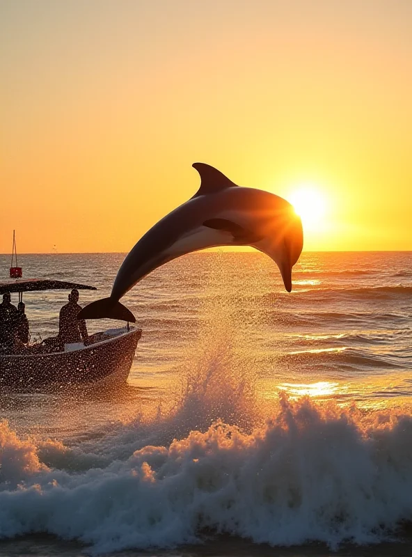 A wide angle shot of a Dolphin leaping out of the water with a fishing boat in the background.