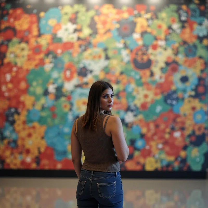 A person stands in front of a large, colorful mural with various abstract shapes and figures, looking thoughtfully at the artwork.