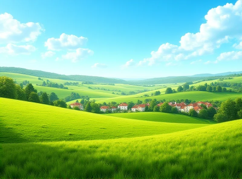 A sunny landscape with green fields and blue skies, representing the warm weather.