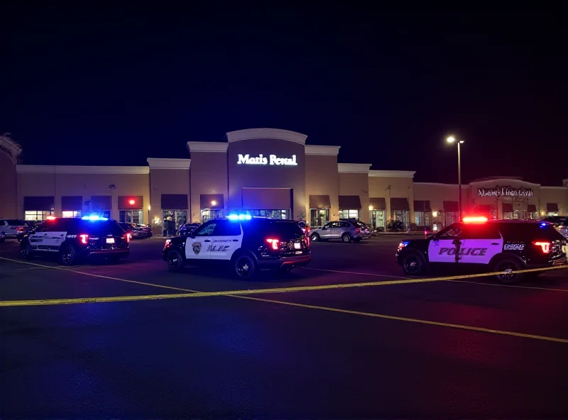 Police cars at night with flashing lights at a crime scene outside a building with the words 'Main Event' visible.